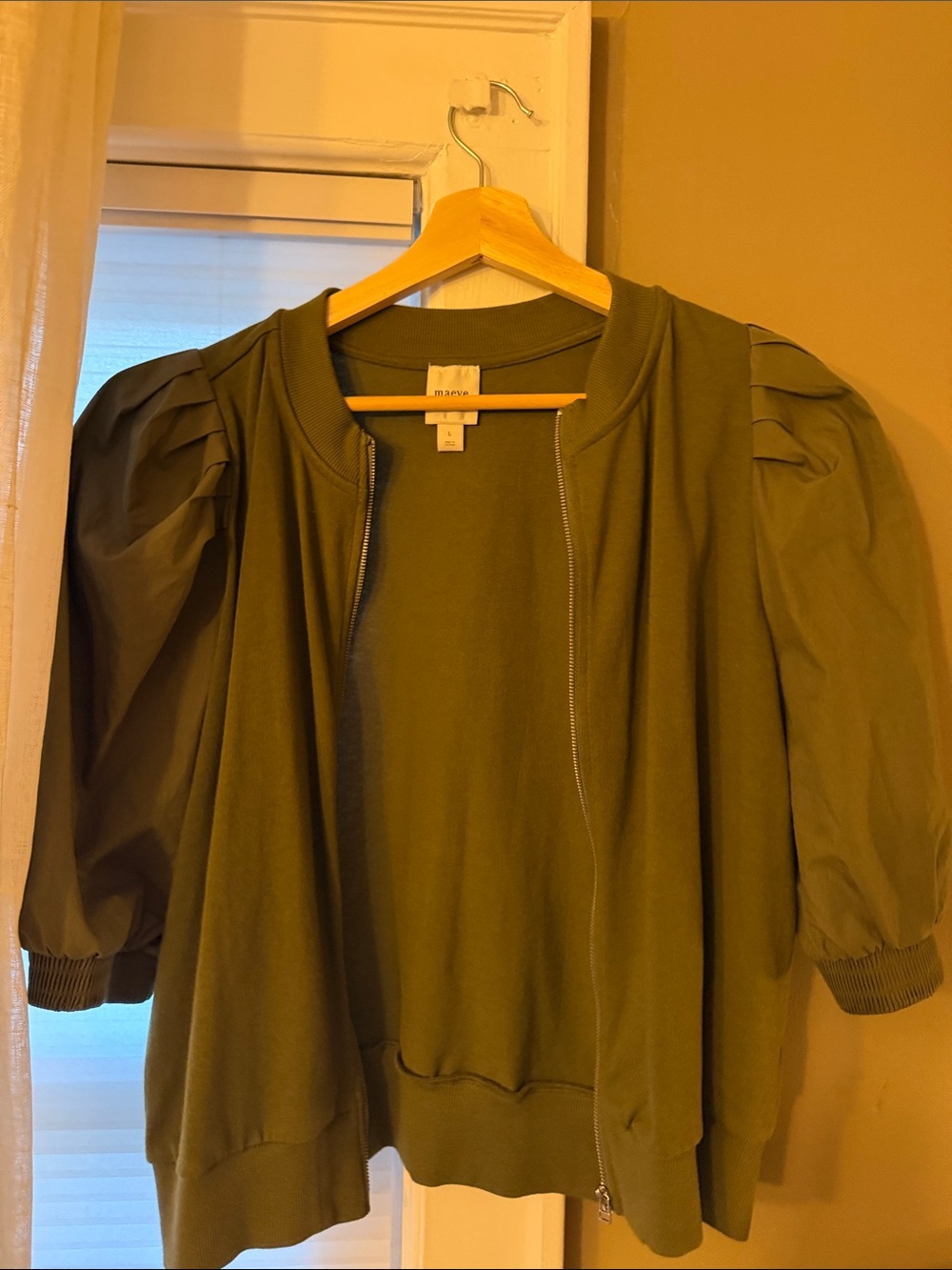 Maeve Olive Green Puff-Sleeve Zip Sweatshirt